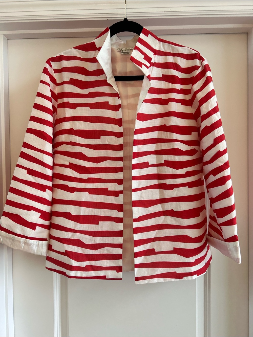 Grace Chuang NY Red White Stripe Open Front Jacket Blazer XL